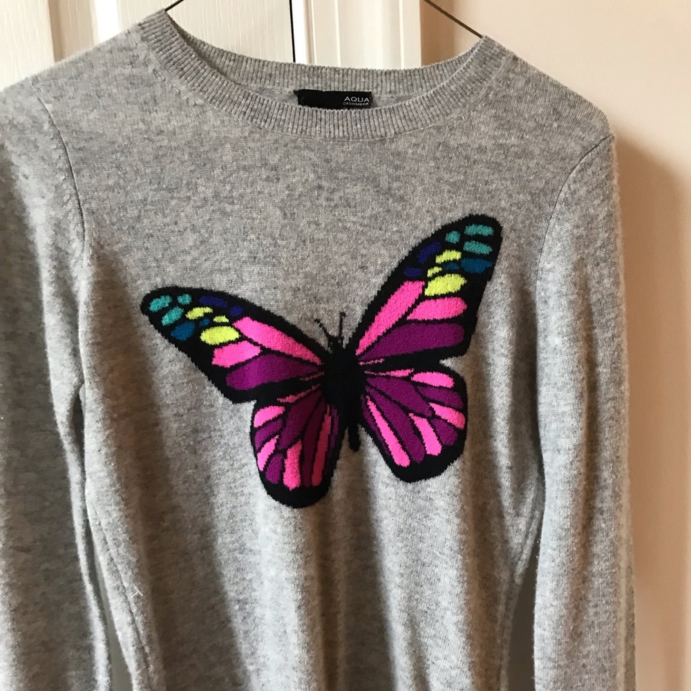 Aqua Gray Crewneck Sweater with Pink & Purple Butterfly